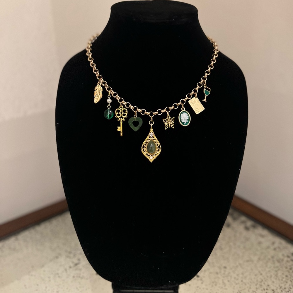 THE EMERALD CITY - Gold Charm Necklace w/ Jade Green Accents and Vintage Charms